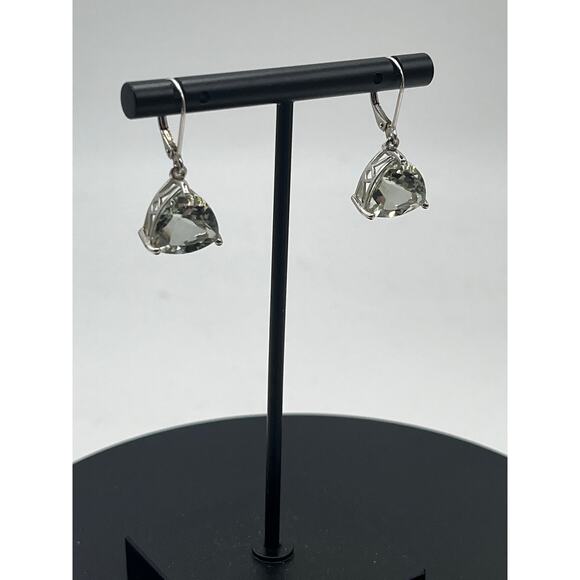 DK 925 Designer Sterling Silver Trillion Cut Green Amethyst Leverback Earrings - Picture 9 of 10
